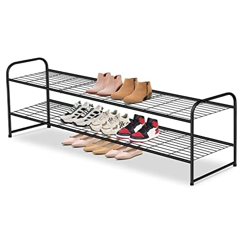 AOODA Long 2 Tier Shoe Rack for Closet Metal Wide Stackable Shoe Storage Organizer for Entryway, Bedroom, Floor, 18-Pairs Low Shoe Shelf, Black