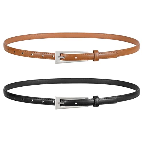 LEACOOLKEY 2 Pack Women Skinny Belts for Jeans Dress Thin Leather Waist Belt - Main Image