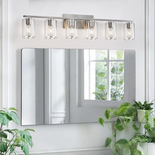 Image of 6 Pack Clear Glass Lamp Shade Replacements, Cylinder Glass Lamp Shade Globe Covers for Light Fixtures, Transparent Lampshades with Silver Border for Wall Sconces Chandelier Pendant Vanity Lights