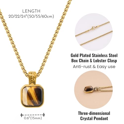 COAI Men's Stainless Steel Necklace, Crystal Necklace for Men, Tiger Eye/Malachite/Lapis Lazuli/Black Obsidian 20"/22"/24"3