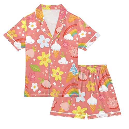 ALAZA Rainbow Ice Cream Strawberry Pajamas Satin Pajama Set Short Sleeve Button Down Sleepwear