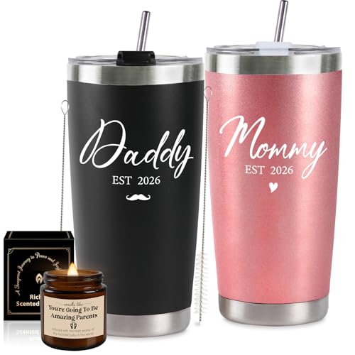 Pregnancy Gifts for New Parents 20 Oz Mom and Dad Tumbler Set for First Time Moms Dads Expecting Parents to Be Mother's Day Father's Day Baby Shower Gender Reveal Presents Xmas Gifts(Rose Gold&Black)