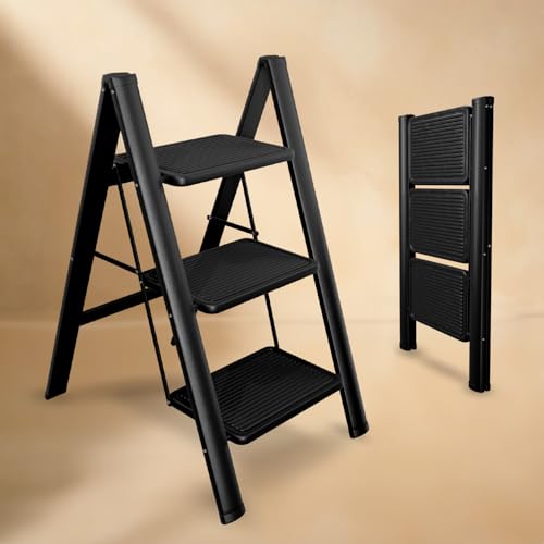 Image of Lifelong 3 Steps Steel Ladder for Home, Foldable & Portable Stairs, Versatile Use for Kitchen, Bathroom & Office Foot Stool - Multipurpose Three Step Stool with 150 Kg Capacity (LLSLS03, Black)