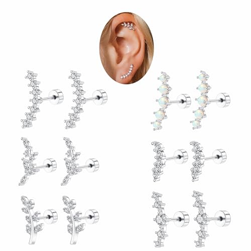 12PCS Cartilage Earrings Helix Piercing Jewelry for Women Gold Silver Hypoallergenic Surgical Steel Flat Back Opal CZ Dainty Tragus Conch Piercing Jewelry Set