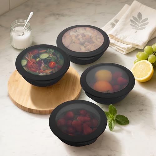 Image of 40 OZ Unbreakable Cereal Bowls with Lids, Wheat Straw Bowls Set of 4 with Unique Pattern, Reusable Plastic Bowl for Cereal, Soup, Salad and Ramen, Indoor & Outdoor Essentials, Black