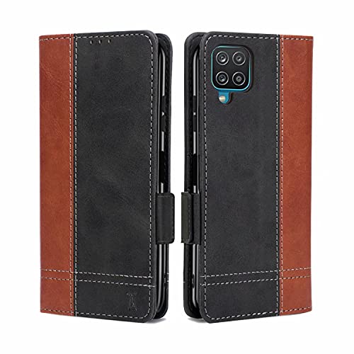 Coque Samsung Galaxy A12 / M12, Rabat Portefeuille Cuir Etui, Slim Silicone TPU Bumper Magnétique Galaxy A12 Housse, Flip Porte Cartes avec Support Cover, Antichoc Case pour Samsung A12 / M12 Noir Cover