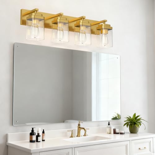 Image of Brushed Gold Bathroom Light Fixtures, 4 Lights Bathroom Lighting Fixtures Over Mirror, Square Design & Rectangle Large Backplate, Modern Vanity Lighting Fixtures, for Living Room /Bedroom