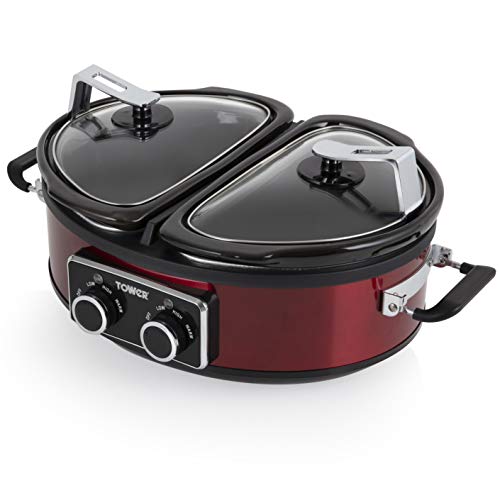 Tower T16023 Double Stainless Steel Slow Cooker 2 Individual Cooking Bowls Off Low High Keep Warm Settings Dishwasher Safe Removable Ceramic Pot Non Slip Feet 2 6 Litre 280 W