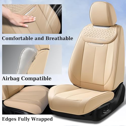 Image of Coverado Seat Covers, Car Seat Covers Front Seats, Beige Nappa Leather Car Seat Covers, 2 Pack Waterproof Front Seat Covers, Breathable Leather Seat Cushion Universal Fit Most Cars Trucks