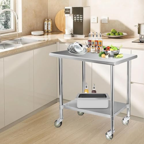 Image of STABLEINK NSF Stainless Steel Prep Table 36x30 with Wheels, Metal Work Table with Adjustable Undershelf, for Commercial Kitchen, Restaurant, Hotel, Laundry and Garage