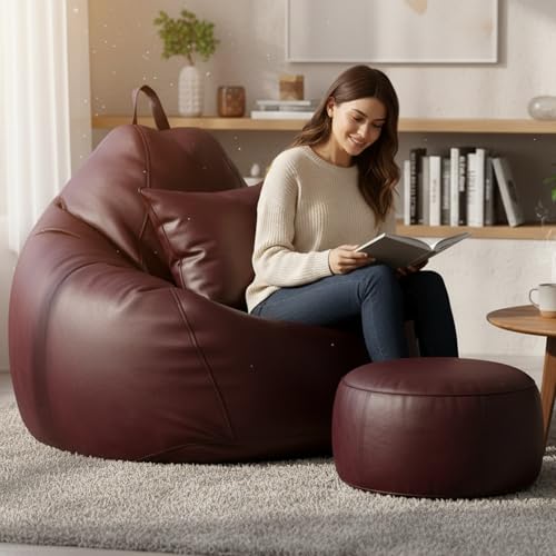 Image of KAM'S LIEU Leatherette Bean Bag Chair with Footrest | Filled with EPS Beans | Comfortable Sofa for Living Room & Bedroom | 4XL Size, Easy to Clean Color- (Maroon)