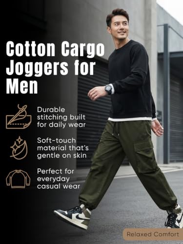 Image of GRECIILOOKS Men's Cargo Pants | 6 Pocket Cotton Cargo Joggers for Men | Loose Fit Stylish Pant with Pockets | Casual Baggy Trousers & Streetwear Lower
