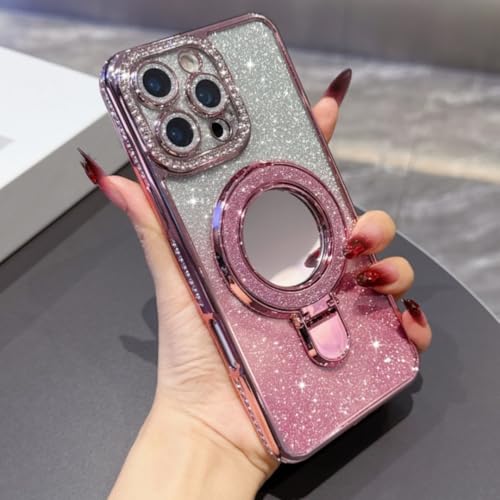 Coque iPhone 16 Pro rose anti-chute avec miroir et support de visionnage