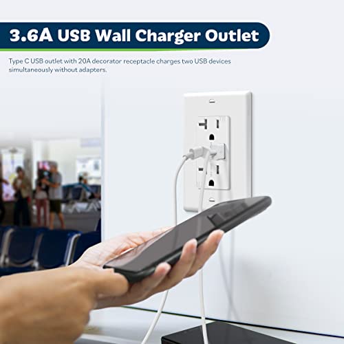 Topgreener Usb Outlet, 20 Amp Type C Usb Wall Charger Outlet, 20A Tamper-Resistant Receptacle With 2 Usb Charging Ports, Wall Plate Included, Tu22036Ac-W-6Pcs, White, 6 Pack #TOP2