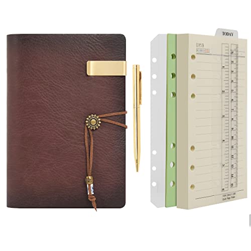 WONDERPOOL A6 Leather Diary Lined Paper Notebook & Pen - Refillable 6 Ring Binder Writing Spiral journal for Office Travel Work and Plan Agenda(a-Coffee, A6)
