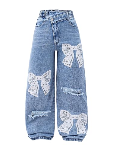 WDIRARA Girl's Bow Print Asymmetrical Waisted Baggy Jeans Ripped Wide Leg Denim Pants