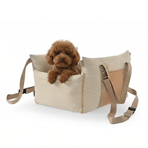 Amazon Basics Dog Car Seat Pet Booster for Small-Medium Dogs with Leash & Washable Cover Beige
