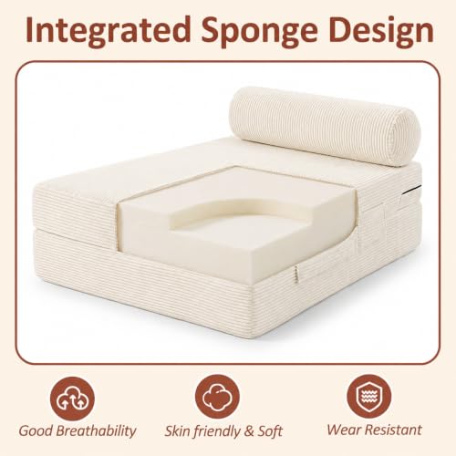 Image of Floor Sofa Bed, Convertible 2-in-1 Corduroy Couch with High-Density Sponge, Foldable Stackable Seat for Living Room Bedroom Dorm Game Room, No Assembly Required (White)