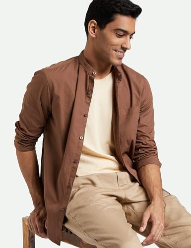 Image of Amazon Brand - Symbol Men's Cotton Shirt | Chinese Collar | Casual | Plain | Full Sleeve | Summer - Regular Fit (Available in Plus Size) (White + Brown XL) (Combo Pack of 2)