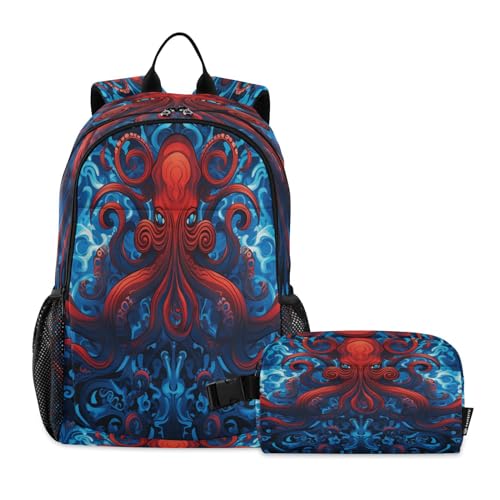 Sac à dos poulpe bleu rouge avec sac à déjeuner pour garçons et filles
