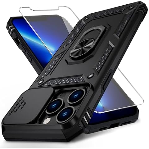 Weycolor for iPhone 12 Pro Max Case with Camera Lens Cover, HD Screen Protector, 10 FT Military Grade Drop Protection, Magnetic Ring Holder Kickstand Protective Phone Case for iPhone 12 Pro Max,Black Cover