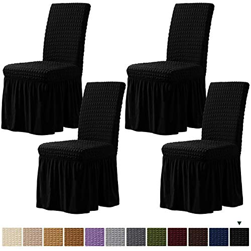 CHUN YI Elástico Universal Fácil Ajuste Funda de Silla con Falda?Extraíble Lavable Anti-Sucio Protector de Muebles para niños Mascotas Ceremonia en casa Banquete Boda (4 Piezas, Negro)