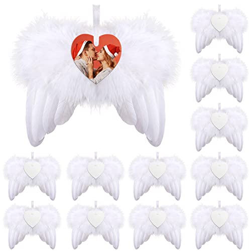 Christmas White Angel Wings Ornament Hanging, Feather Hanging with Sublimation Blanks Heart Ornaments for DIY Christmas Tree Crafts Angel Wings Memorial Gifts Xmas Party Decor, 12pcs