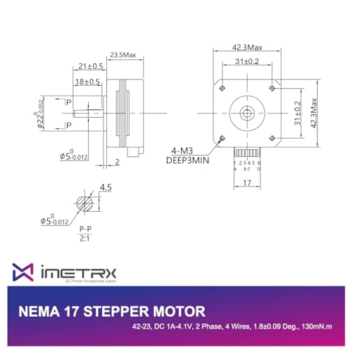 iMetrx Nema 17 Schrittmotor 42x23mm Pancake Motor 1.5A-3.8V 2 Phase 4 Drähte 1.8 Grad mit 1Meter Kabel für 3D Drucker Motoren 1 Stück
