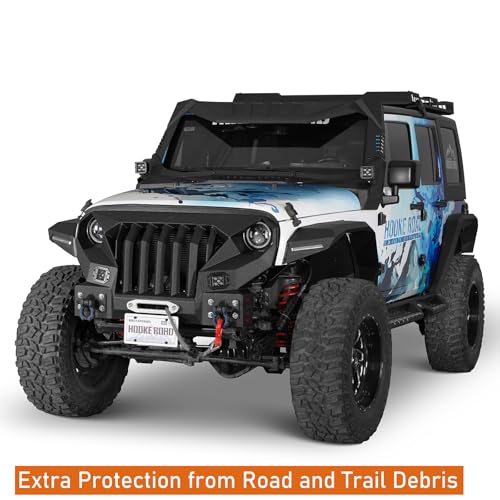 Image of Hooke Road JK 8.7 inch Wide Flat Fender Flares Kit for 2007-2018 Jeep Wrangler JK & Unlimited 2 /4 Doors, 4PCS Off-road Fenders w /Lights