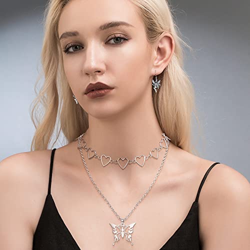 Subiceto 33Pcs Grunge Vintage Punk Necklace Jewelry Set Gothic Earrings Fairy Butterfly Boho Crystal Y2k Cross Pendent Butterfly Heart Choker Goth Stackable Knuckle Rings Adjustable Y2k Accessories for Women Men3