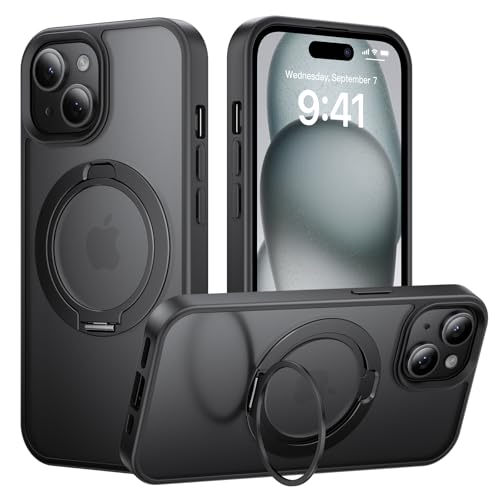 Tigowos Magnetic for iPhone 15 Case with 360 Rotating Stand Drop Resistant Matte Skin Feeling Back Cover Shockproof Slim Fit for iPhone 15 Phone Case Black-Stand