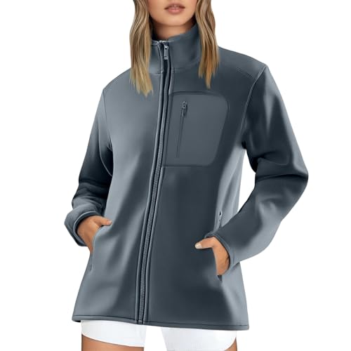 Chaquetas casuales femeninas de forro polar abrigado con cierre versátil para uso diario elegante en todas las estaciones (Grey, XXXXXL) #9