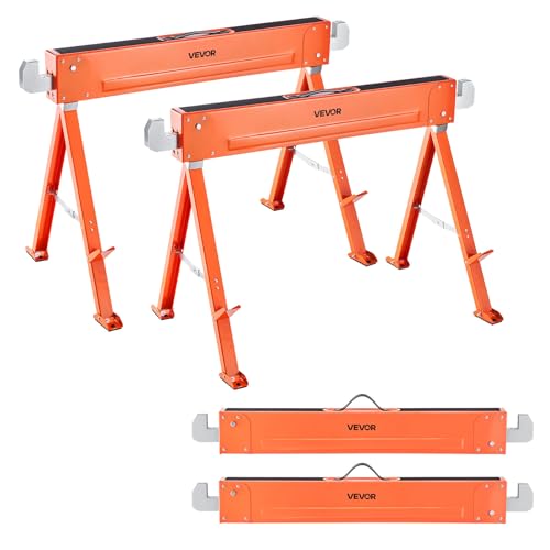 VEVOR Saw Horses, 2 Pack Folding Work Horses, 1323 lbs Load Capacity Sawhorse with Heavy Duty Legs, All-Metal Portable Saw Horse with Non-Slip Foot Pads, for Woodworking, Carpenters & Contractors