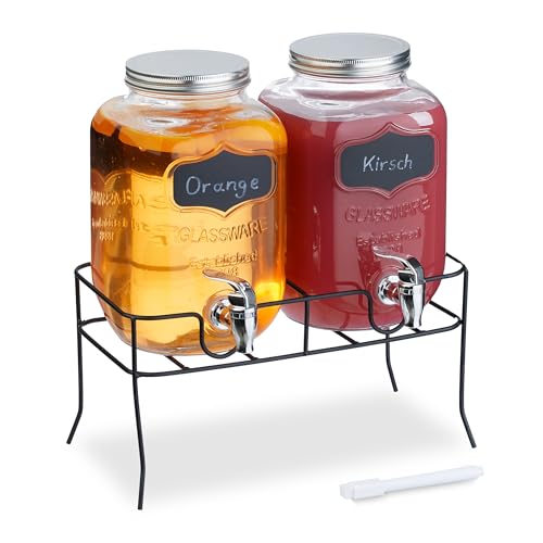 Relaxdays Getränkespender mit Ständer, 2er Set, Limobehälter 4L, Zapfhahn und Deckel, Wasserspender, Glas, transparent