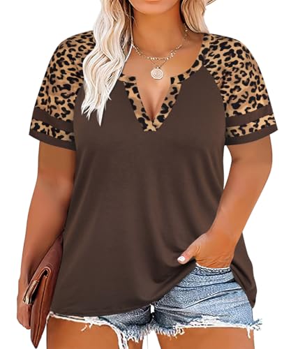 Image of CARCOS Plus Size Tops for Women Short Sleeve Summer Pullover Color Block Crewneck /V Neck Tee Tunic Loose Fit Tshirts XL-5XL