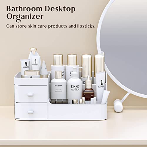 Makeup Organizer with Drawers, Cosmetics Organizer Desk Storage for Bathroom Countertop, Dressing Table, Vanity Counter Vanity Holder for Brushes, Lotions, Lipstick, Nail Polish and Jewelry (White)
