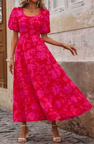 Image of BTFBM Casual Women Summer Dresses 2024 Puff Sleeve Floral Maxi Dresses Smocked Backless Flowy Tiered Beach Long Dress