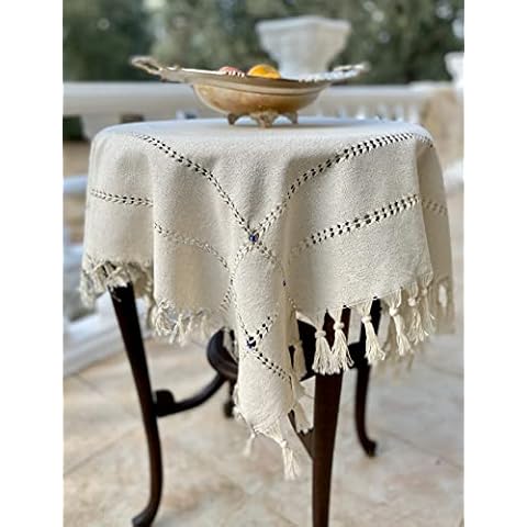 Secret Sea Collection - Handmade, 100% Natural Cotton, Traditional Coffee or End&Side Table Tablecloth, Decorated with Wooden Beads and Silver Glitter, Round Table Tablecloth, (36" x 36") Cover