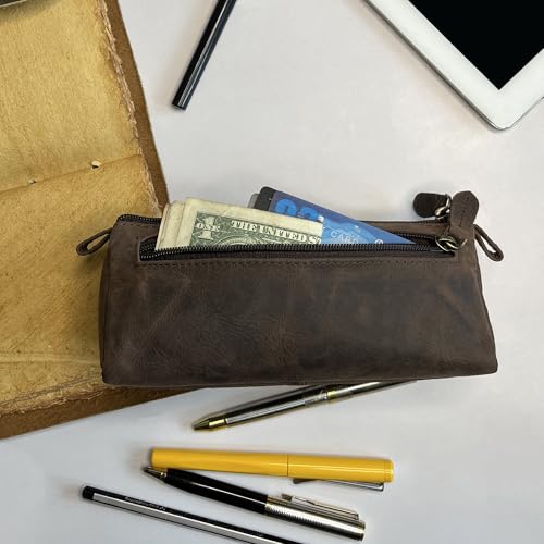 Image of Rustic Town Leather Pencil Case - Full Grain Leather Zippered Pen Pouch - Stationery Bag Pen Holder for Work & Office