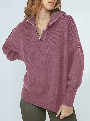 Image of ANRABESS Womens Oversized Quarter Zip Pullover Sweaters | Fall Fashion Outfits, Long Sleeve Slit Side, Baggy Loose Fit, 1 /4 Zip Lapel Collared, Ribbed Knit Soft Warm Winter Clothing