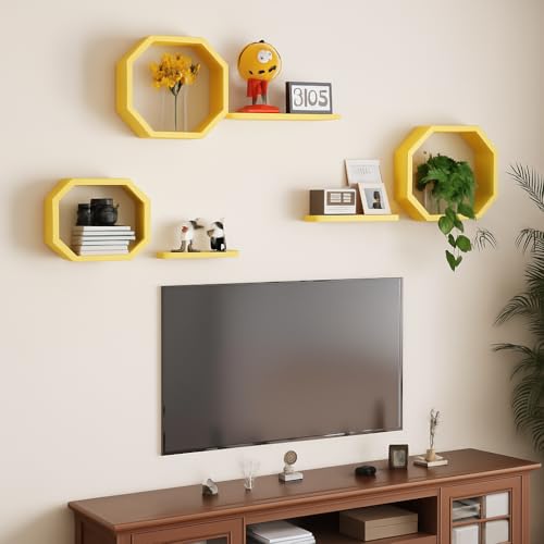 Image of Wall Mounted Floating Shelves Set of 6, Multipurpose Display, Book, Storage & Decor Shelves, Octagon Shape Wooden Wall Shelf for Living Room, Bedroom, Kitchen (Yellow)