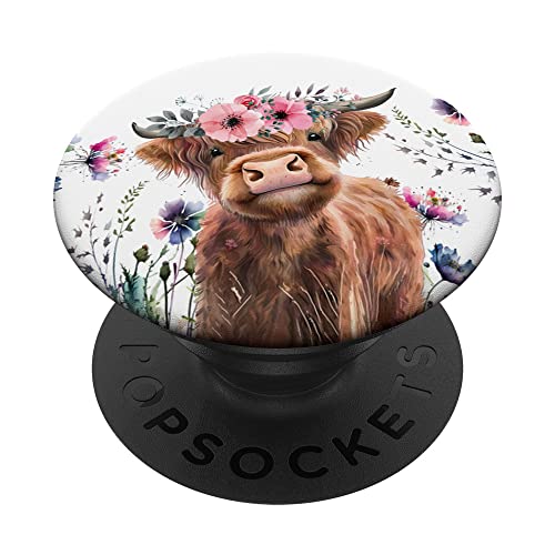 Cute Baby Highland Cow Floral Scottish Cow Watercolor PopSockets Adhesive PopGrip