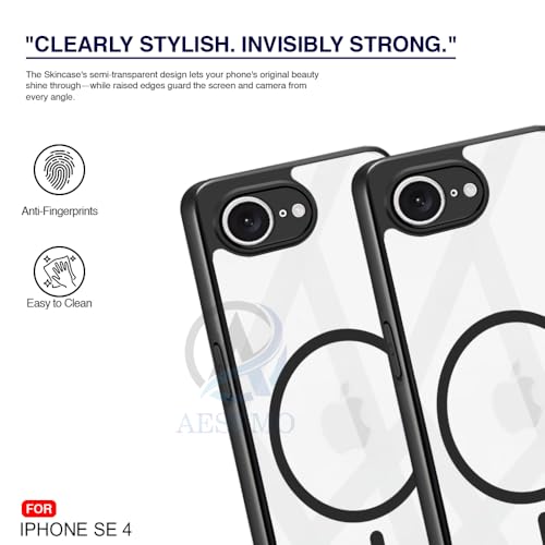 Image of AESTMO iPhone 16E / SE 4 Back Cover | 360 Protection | Crystal Clear Hard Back Transparent | Compatible with MagSafe Accessories for iPhone 16E / SE 4 (PC+TPU, Black Bumper)