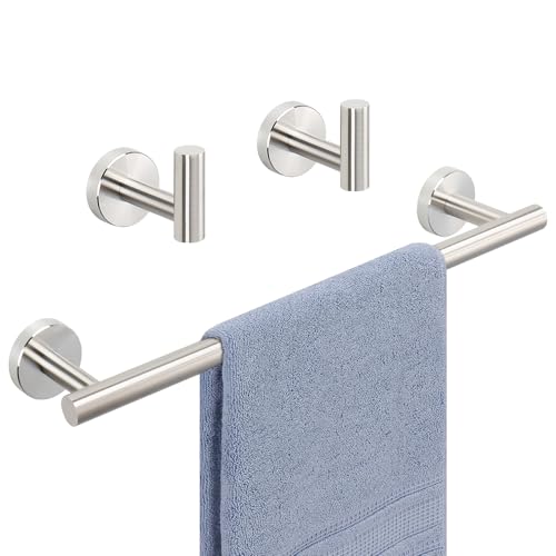 Livabber 3 Pieces Bathroom Accessories Set, 304 Stainless Steel Bath Hardware Kit with 16” Towel Bar + 2 Robe Hooks, Wall Mounted Towel Rack for Kitchen, Shower Room (Brushed Nickel)