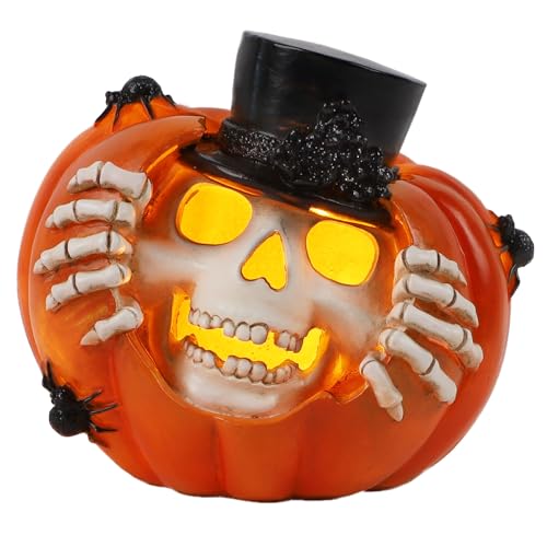 Prsildan Halloween Pumpkin Skeleton Decor-Light Up Spooky Skull Pumpkin Ornaments with Spider, Halloween Indoor Decorations for Tabletop Desk, Home Party, Office