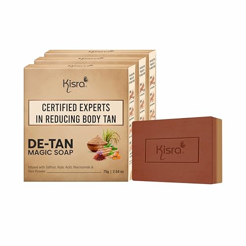 Image of Kisra De-Tan Magic Soap | 2-in-1 Exfoliating Scrub & Cleansing Bar | With 2% Kojic Acid, Niacinamide, Saffron & Walnut | Tan Removal Bath Soap for Dark Spots & Glowing Skin | For Unisex 75g (3 Pack)