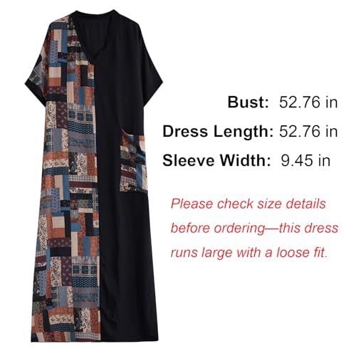 Women Plus Size Dress V-Neck Short Sleeve Unique Artistic Print Patchwork Casual Loose Dresses with Pockets2