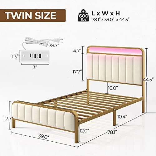 Rolanstar Bed Frame Twin Size With Charging Station And Led Lights, Upholstered Velvet Bed With Headboard Footboard, Heavy Duty Metal Slat, No Box Spring Need, Noise Free, Easy Assembly, Golden Color #TOP2