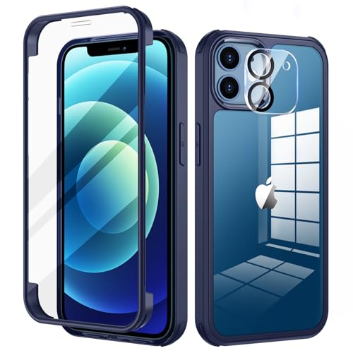 seacosmo Carcasa Papa iPhone 12 [9H HD] Integrada Película Protectora de Cristal Templado y Película de Cámara 360 Grados Antigolpes Protectora Rugged Slim Case para iPhone 12, Azul Marino