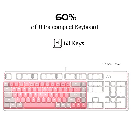 Magegee Portable 60% Mechanical Gaming Keyboard, Mk-Box Led Backlit Compact 68 Keys Mini Wired Office Keyboard With Blue Switch For Windows Laptop Pc Mac - Pink/White #TOP2